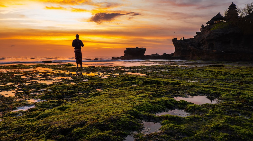 Monk against Pura Tanah Lot temple , Bali