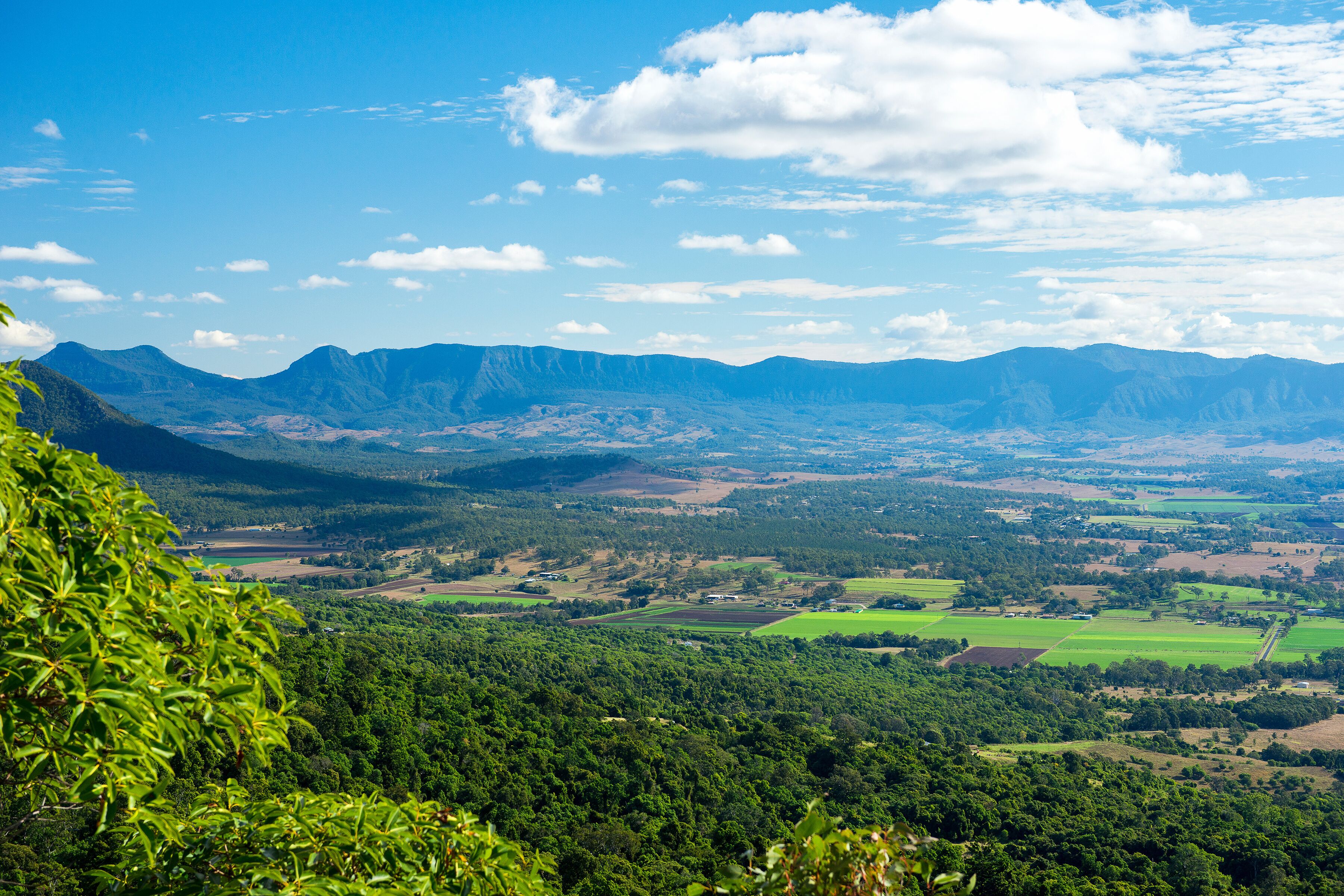 Mount French lookout overlooking Boonah and the Scenic Rim in Queensland during the day. The mountain is 579m above sea level and apart of the Moogerah Peaks National Park.