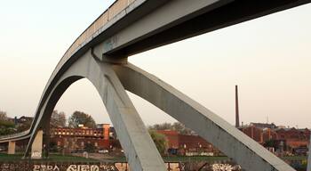 Pedestrian bridge over the entrance to the Rhine port Muelheim, Germany; Shutterstock ID 689931151