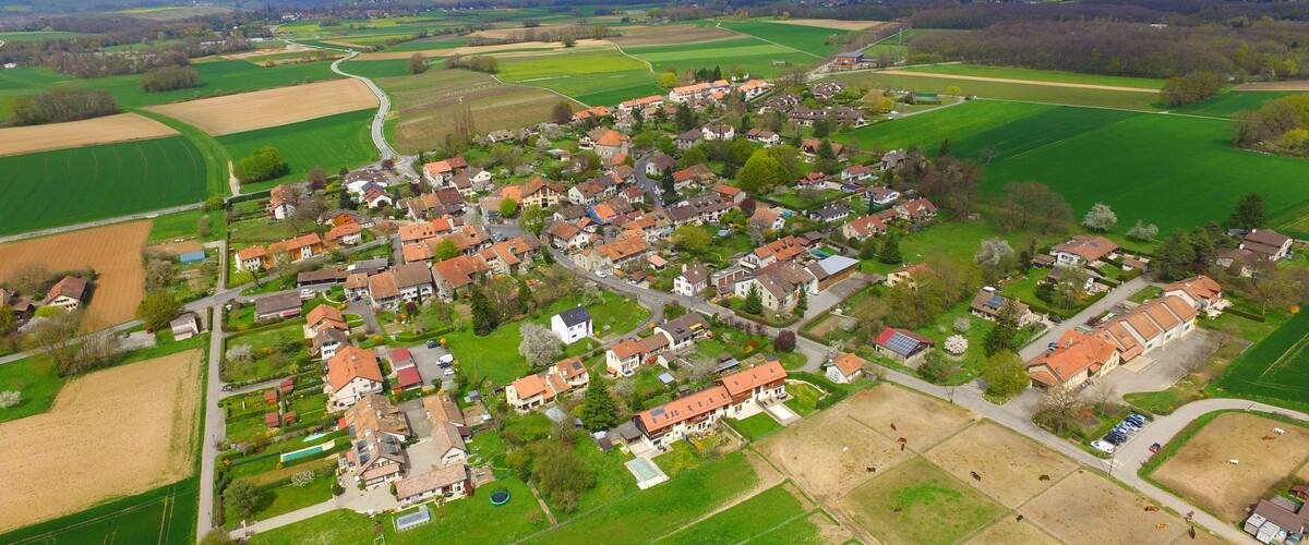 A rural village with houses, fields, and mountains in the background.