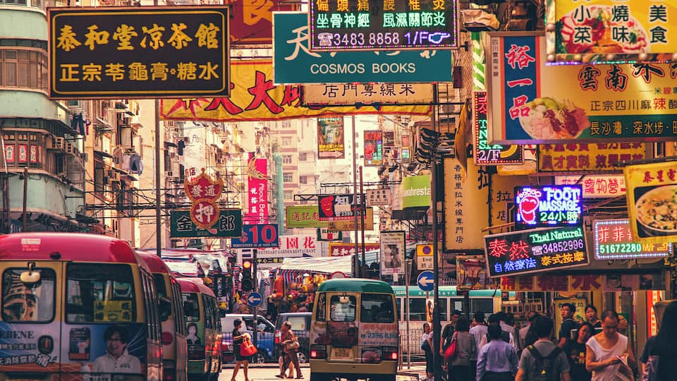 Hong Kong Street Scene, Mongkok District with busses