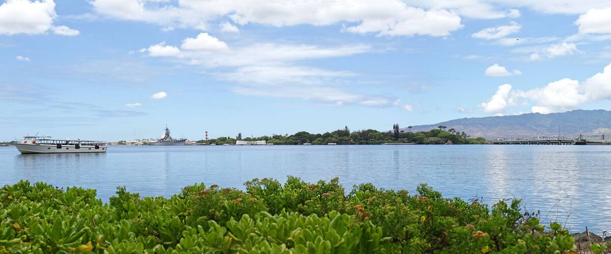 Panoramic View of Pearl Harbor, Oahu, Hawaii, USS Arizona and Missouri in the distance