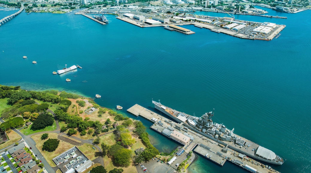 Aerial view of Arizona Memorial and Mighty Mo Missouri battleship at Pearl Harbor, Honolulu, Hawaii, USA