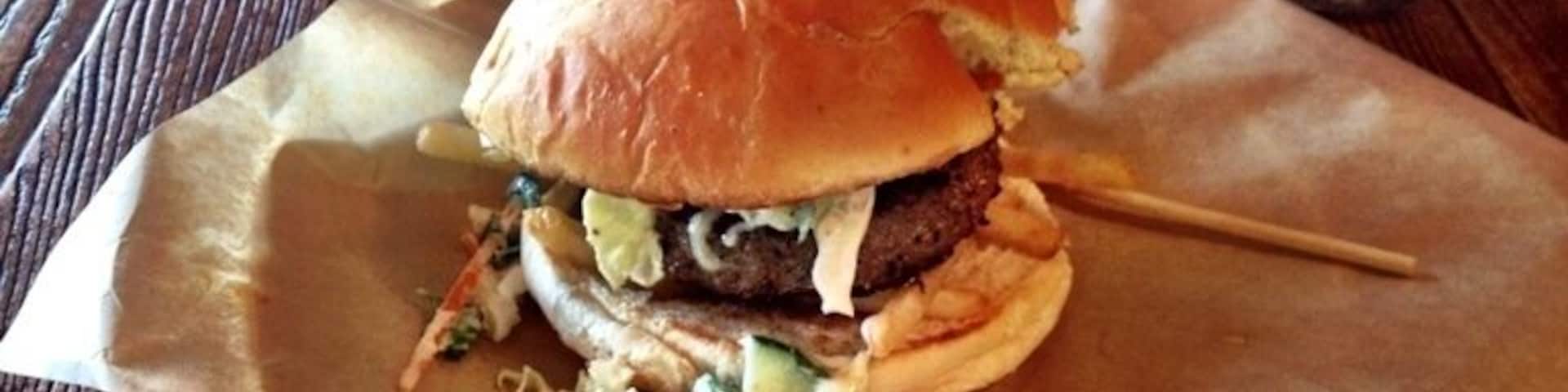 Delicious hamburgers and sweet potato tots.