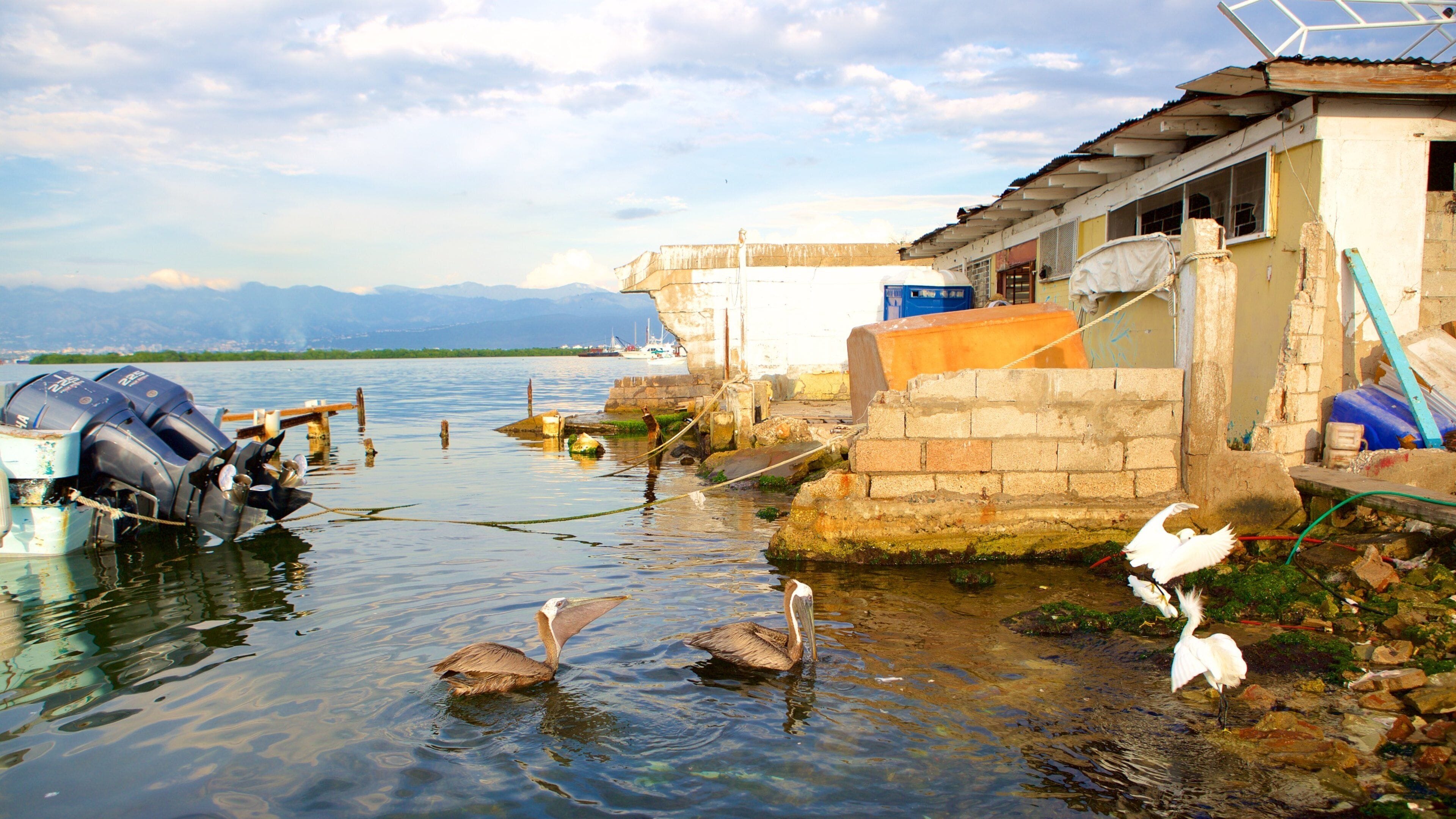 A waterfront with boats, a building, and mountains in the background.