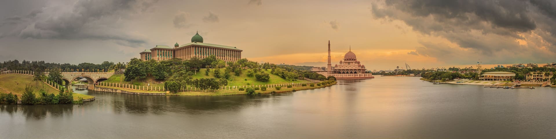 Sunset over Putrajaya Mosque and Panorama of Kuala Lumpur