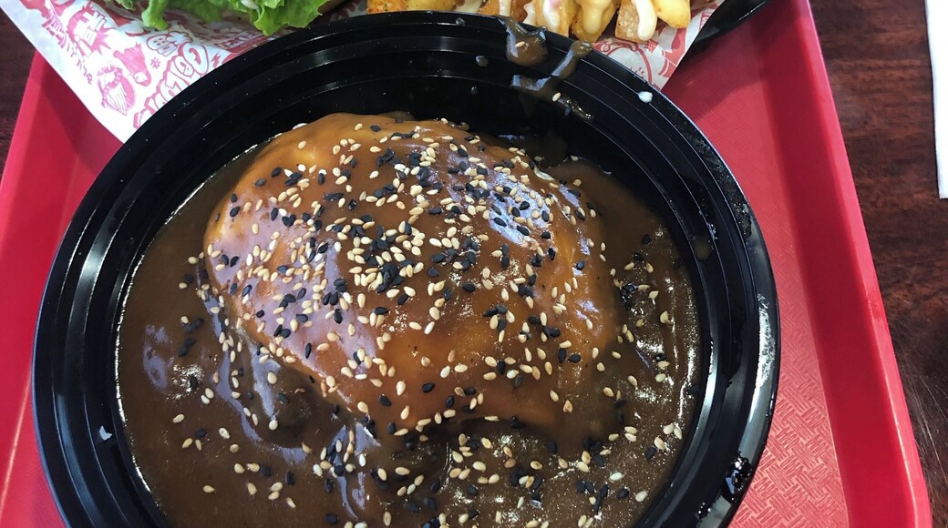 Award winning and amazing burgers with a Japanese twist. The front bowl is a FukuMoco - white rice, burger patty, brown gravy and a fried egg.