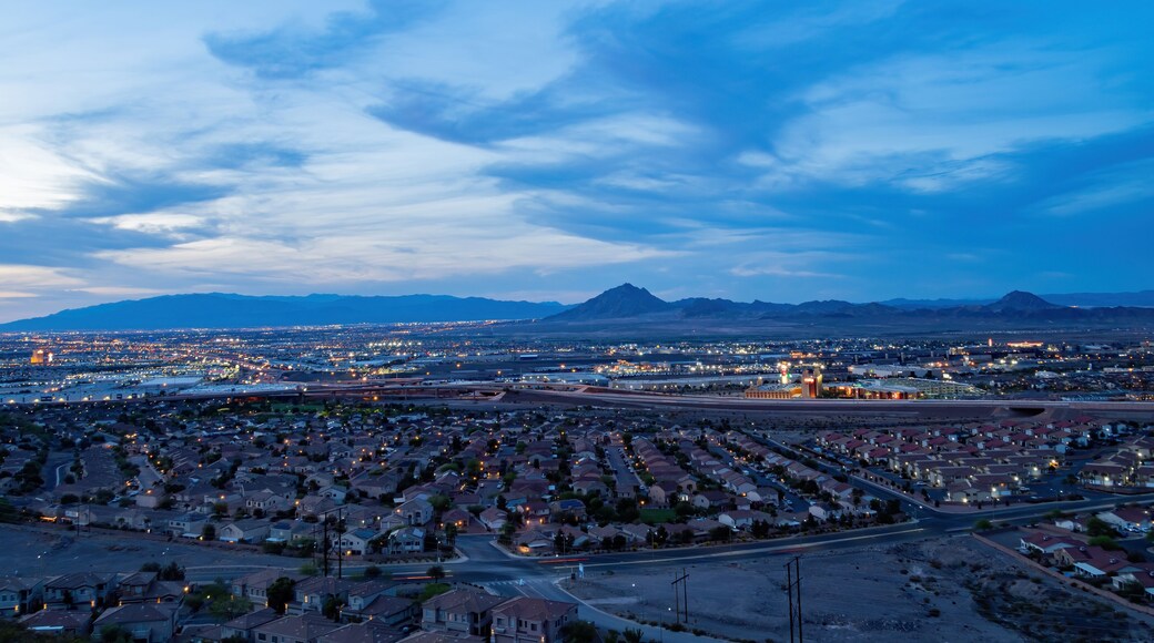 Dusk high angle view of the Frenchman Mountain and cityscape from Henderson View Pass