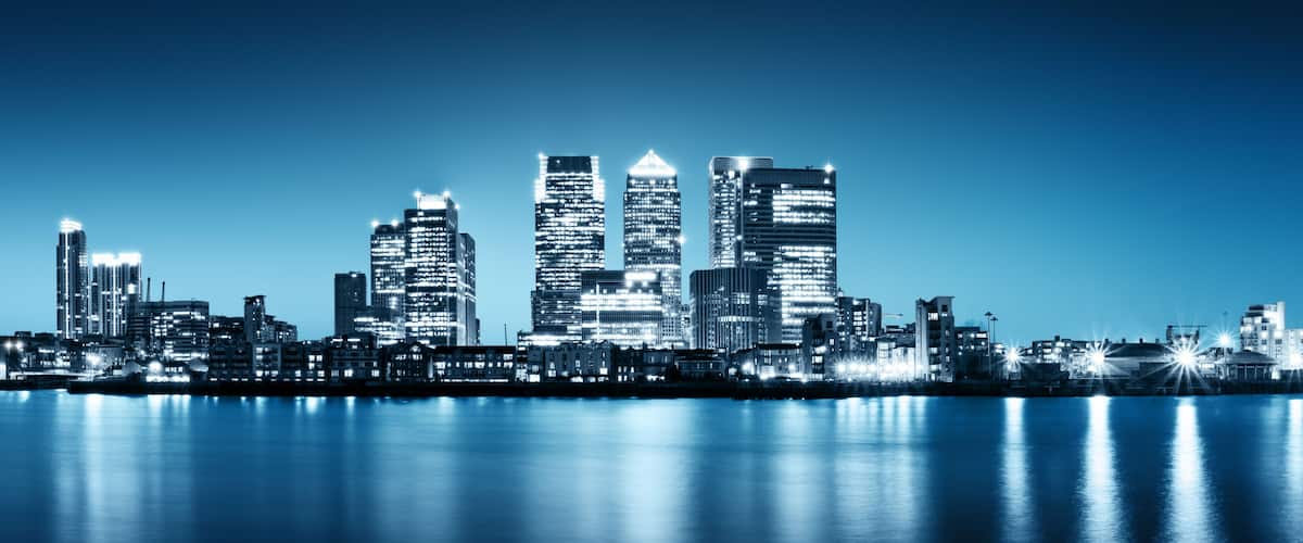 Panoramic picture of Canary Wharf view from Greenwich.