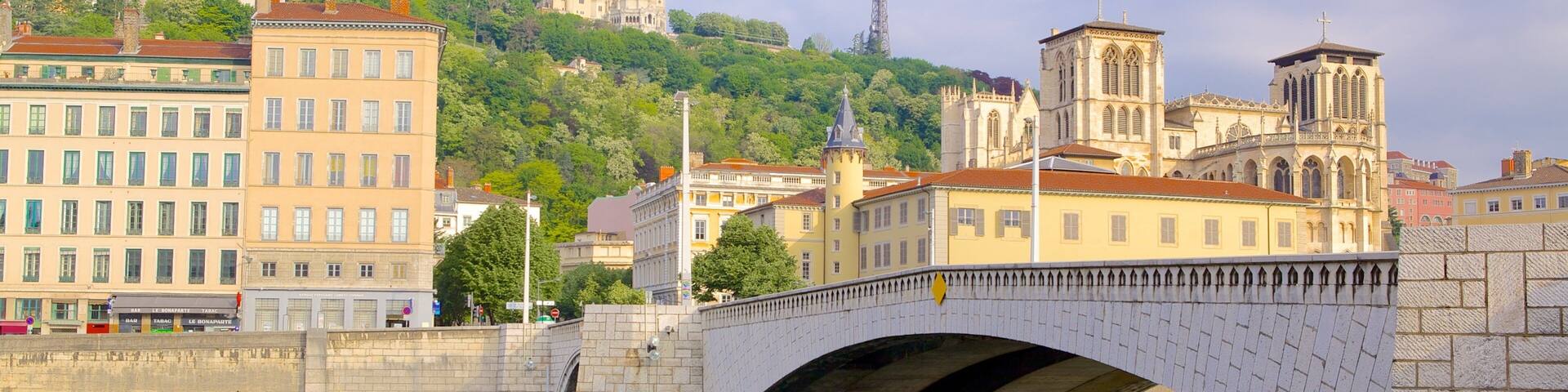 Neuville-sur-Saone featuring a river or creek, a bridge and a city