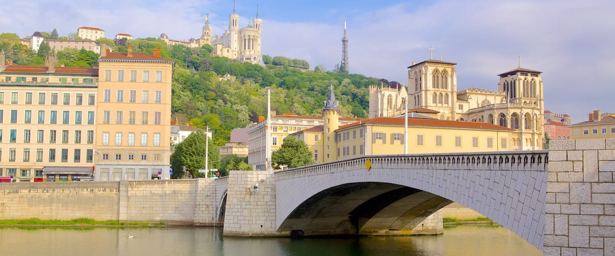 A stone bridge over a river, with buildings and a cathedral in the background.