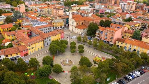 Aerial view of the parish church of San Remigio in Vimodrone, in the metropolitan city and archdiocese of Milan, Italy. This Catholic place of worship is part of the deanery of Cologno Monzese.