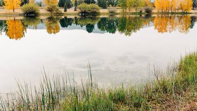 Frenchtown Lake in the fall with cloud reflections in water