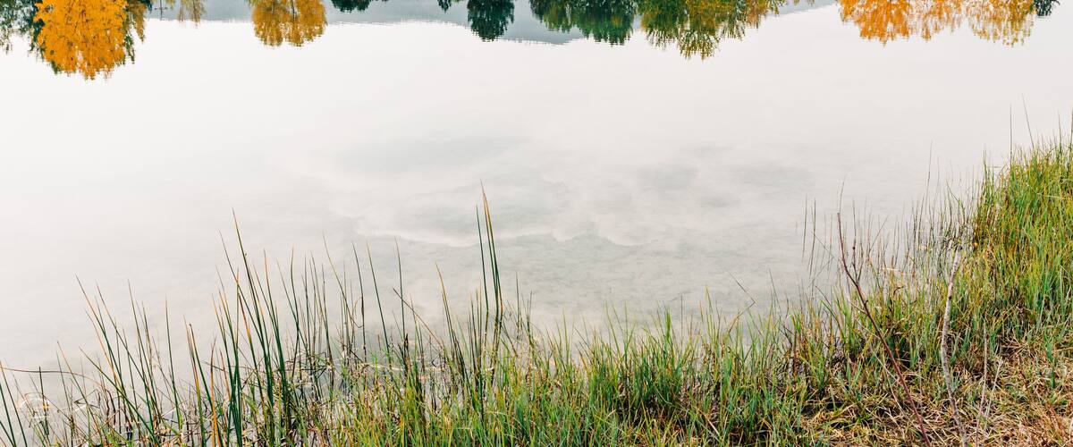 A calm lake with autumn-colored trees reflecting on the water.