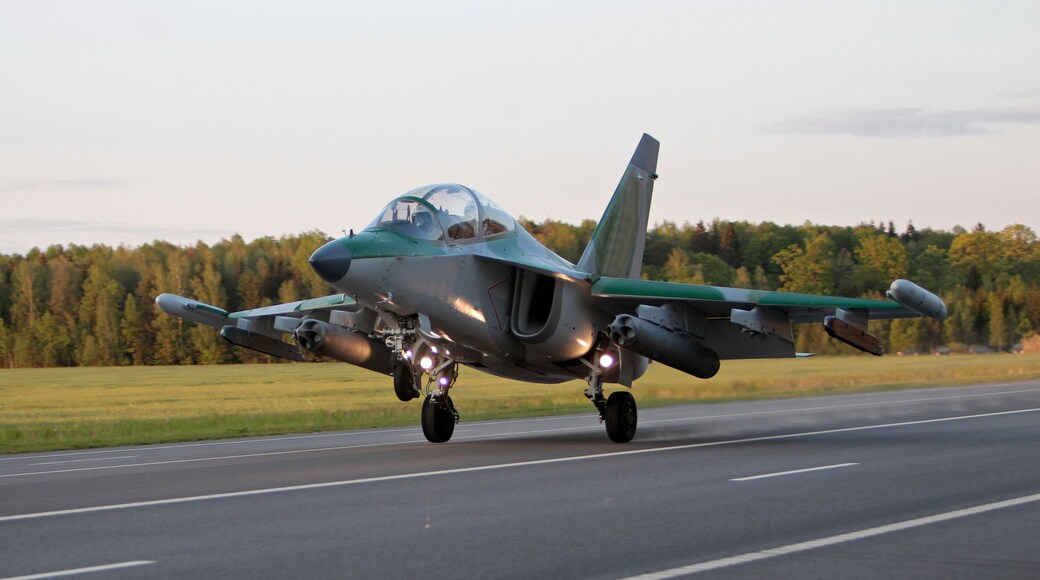 Yak-130 (NATO classification: Mitten) takes off from the airfield.