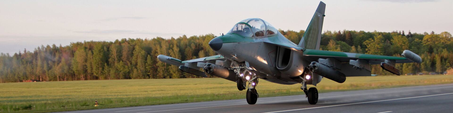 Yak-130 (NATO classification: Mitten) takes off from the airfield.
