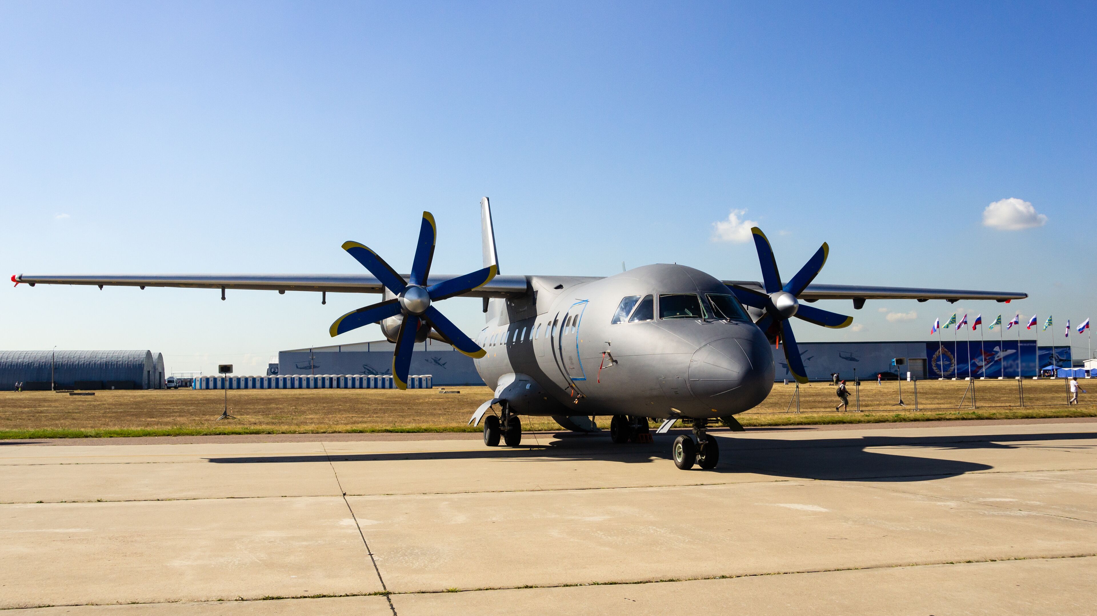 100th anniversary of the Russian Air Force. Ukrainian regional aircraft An-140 at a stationary parking lot in Zhukovsky. VKS of Russia. ANTK "Antonov".