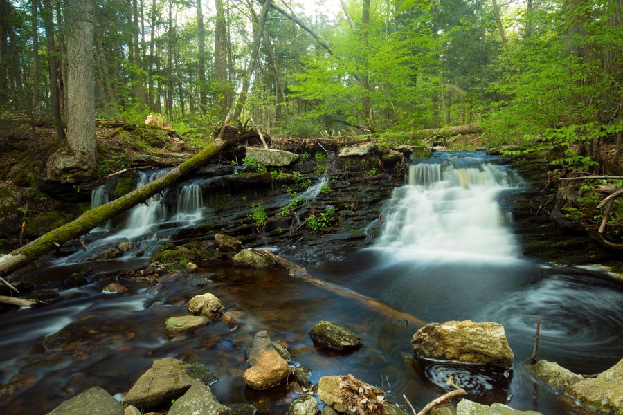 Silky water of Day Pond Falls in Colchester, Connecticut.