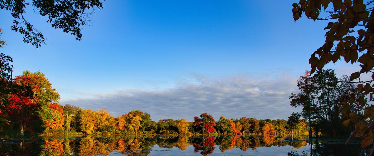 A calm lake reflecting autumn trees with red, orange, and green foliage.