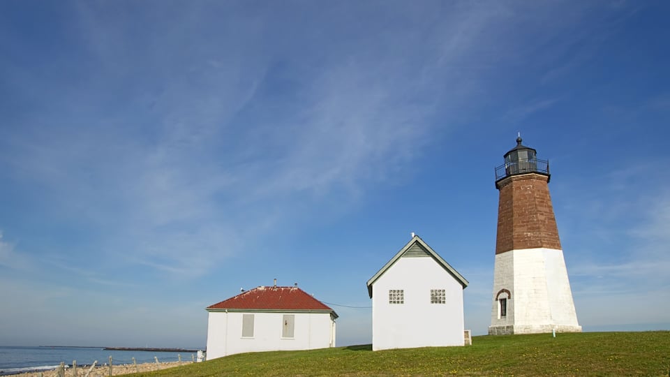 A white lighthouse and a small white building on a grassy hill by the sea.