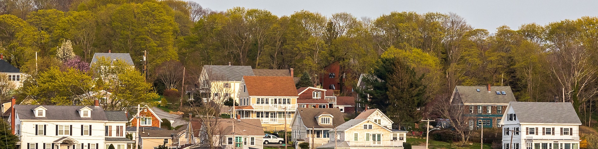The view of Sakonnet River and a small residential neighborhood in Tiverton, Rhode Island