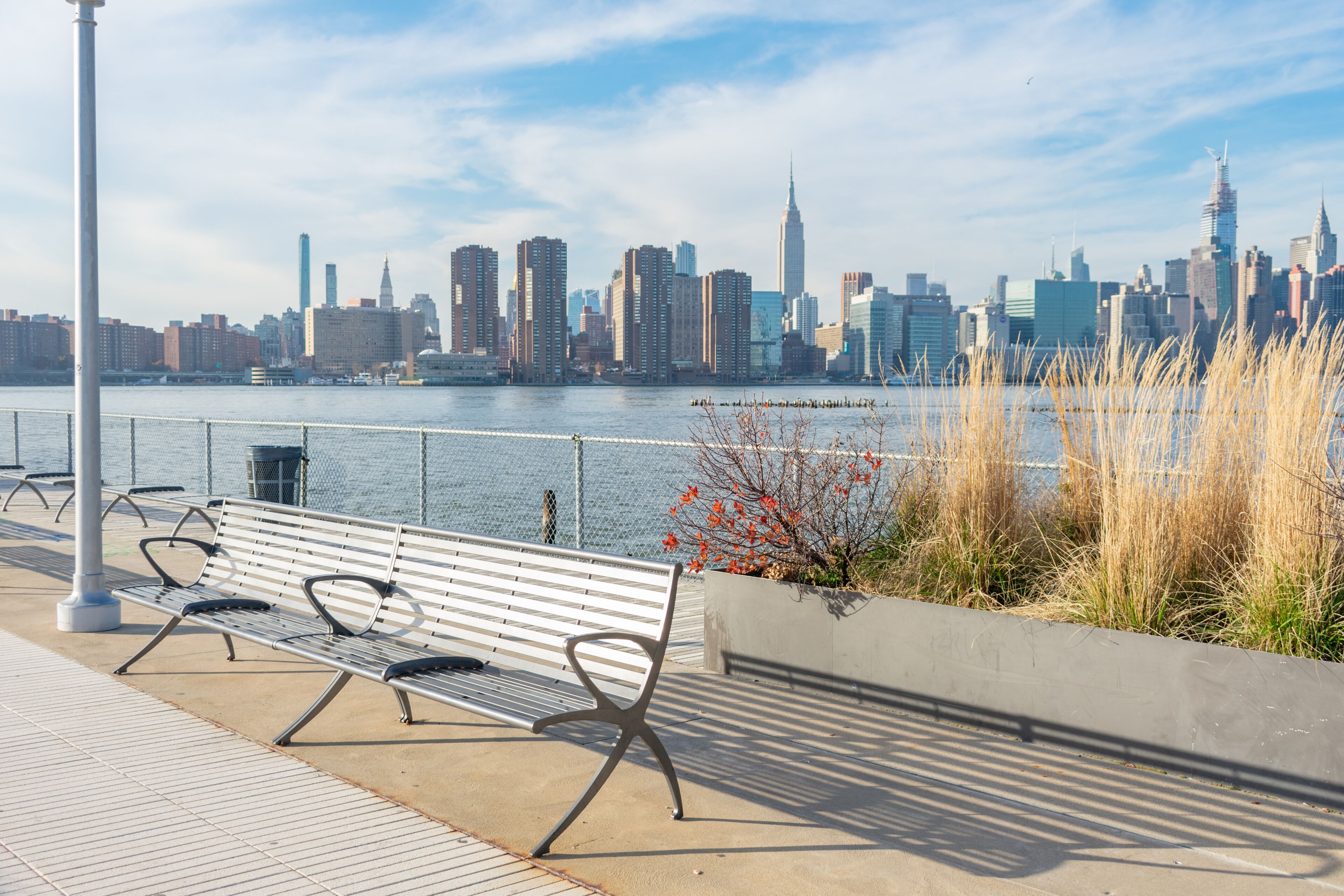 Empty Bench with Plants at a Park in Greenpoint Brooklyn New York looking out towards the East River and the Manhattan Skyline