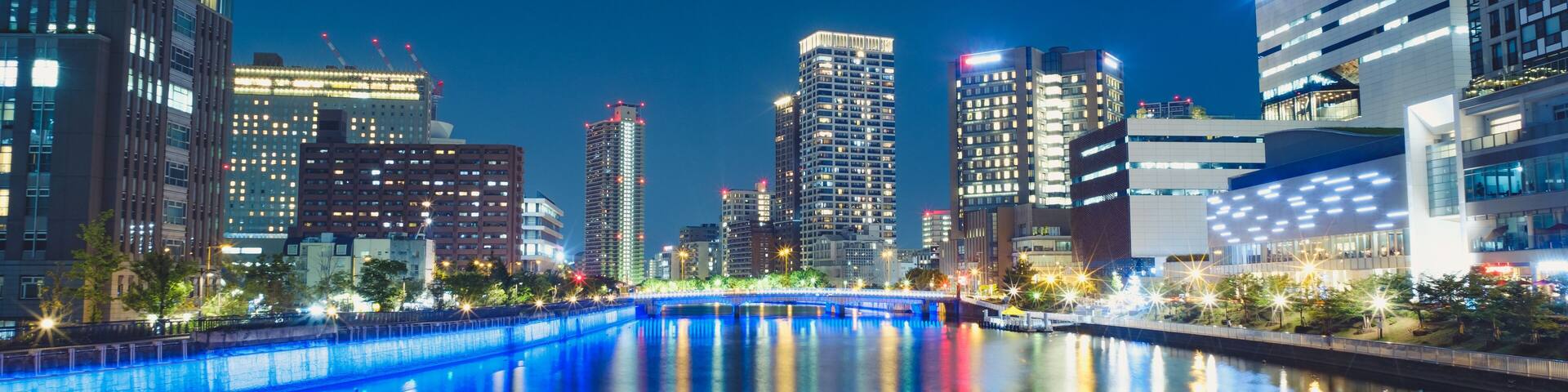Osaka Tamae Bridge Night View from Tamino Bridge in Fukushima Ward, Osaka, Japan.
