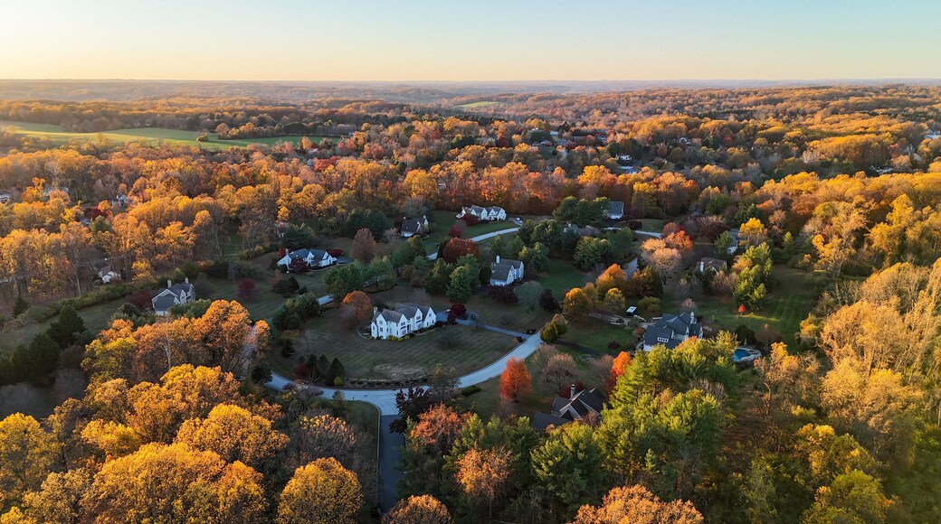 Aerial view of colorful autumn neighborhood in Chadds Ford, Pennsylvania suburb near Philadelphia