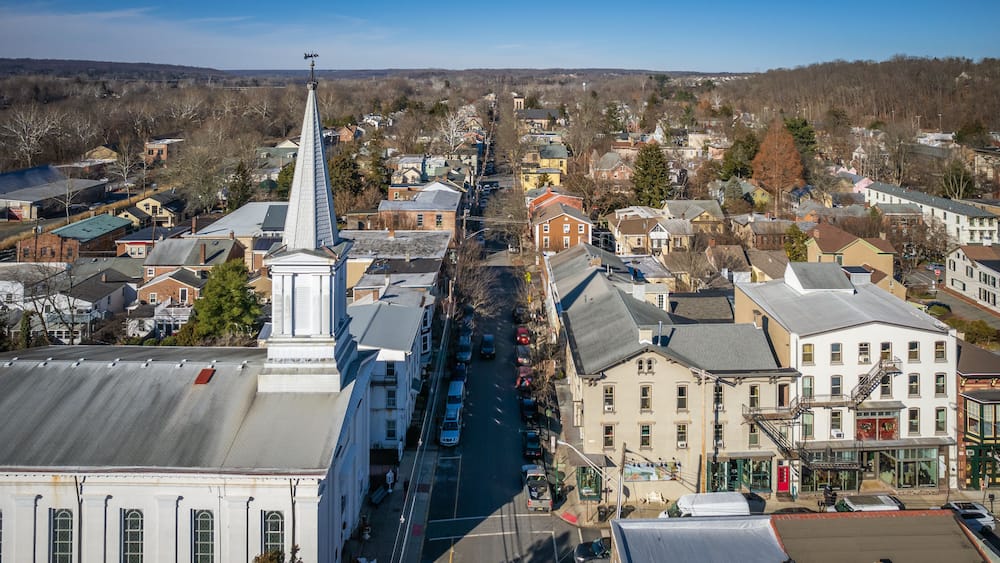 Aerial Drone of Lambertville New Hope in the Winter
