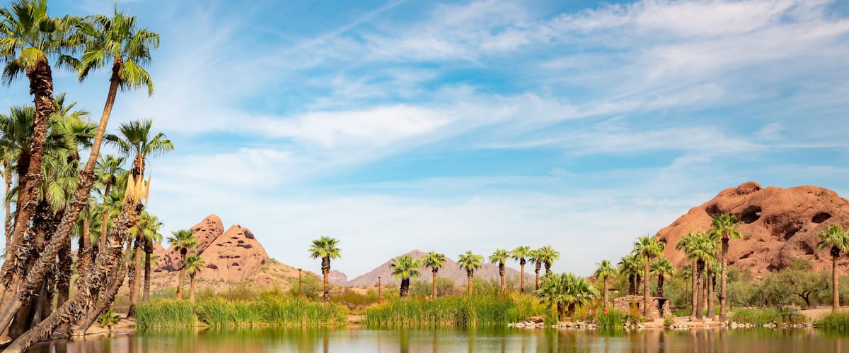 A calm lake with palm trees and rocky mountains in the background.