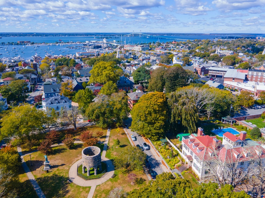 Touro Park aerial view including Windmill Tower with Newport Harbor at the background, city center of Newport, Rhode Island RI, USA.