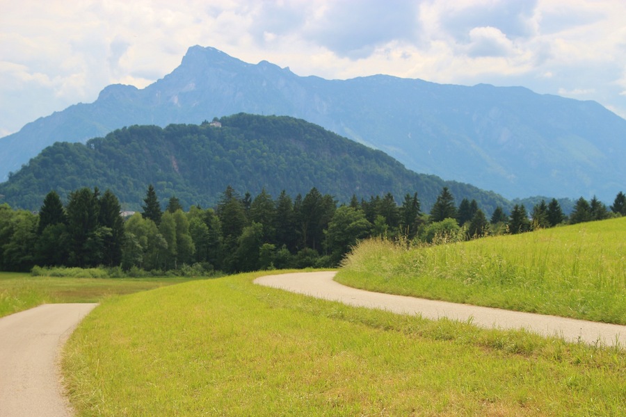 On the foothills of the alps: View of the mountains Untersberg and Kapuzinerberg. Hallwang, next to Salzburg. Austria. Europe.