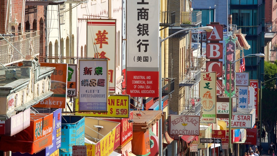Chinatown showing signage, central business district and a city