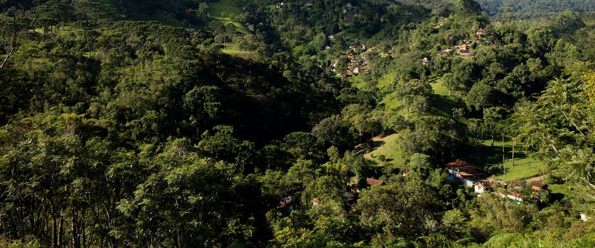 A lush valley with dense greenery, scattered houses, and mist-covered mountains in the background.