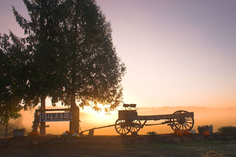 A2BJJ6 The bright morning sun breaks over the hosizon behind the Duvall, Washington sign and historic wagon