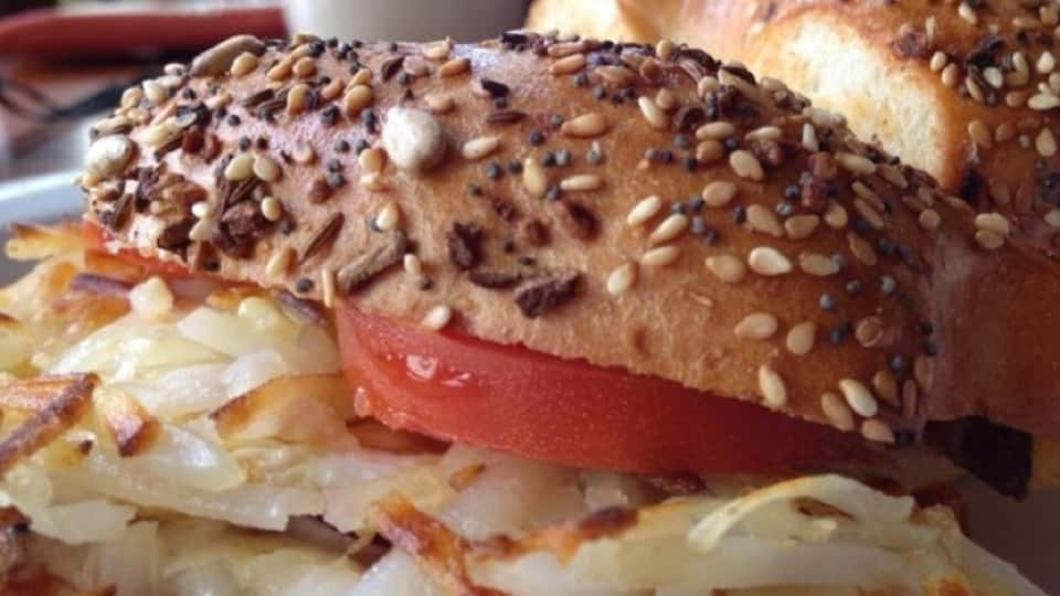 The last super duper breakfast bagel made at Brown's Coffee. Eggs, hash browns, tomato, hollandaise sauce, and bacon all in between an amazing bagel. The owner Neil called it "heart attack in a bagel". Thanks Neil for making it for me one last time!