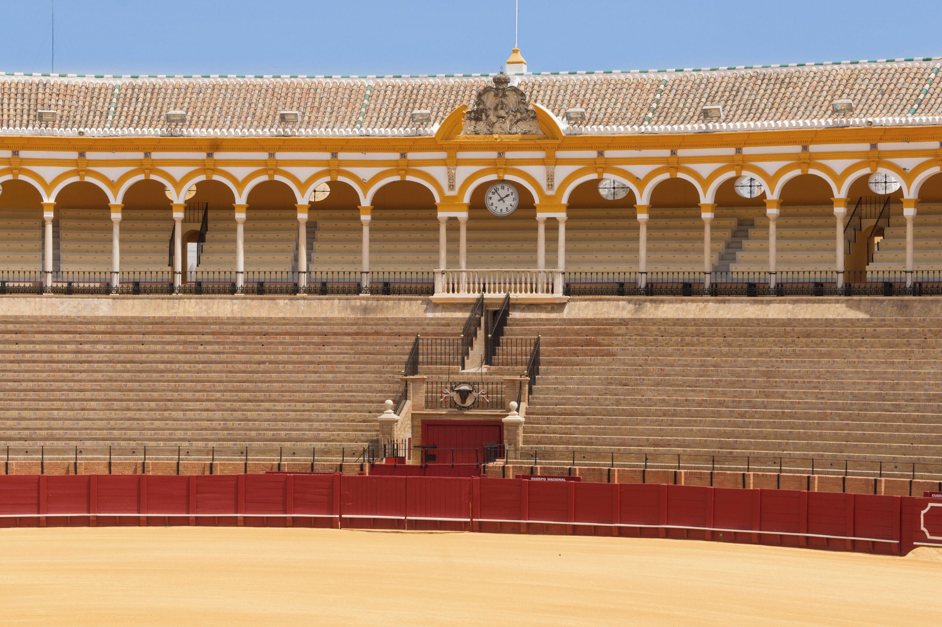 Detail of the bleachers and grandstands of the bullring of the Real Maestranza de Caballeria, Seville, Spain.
