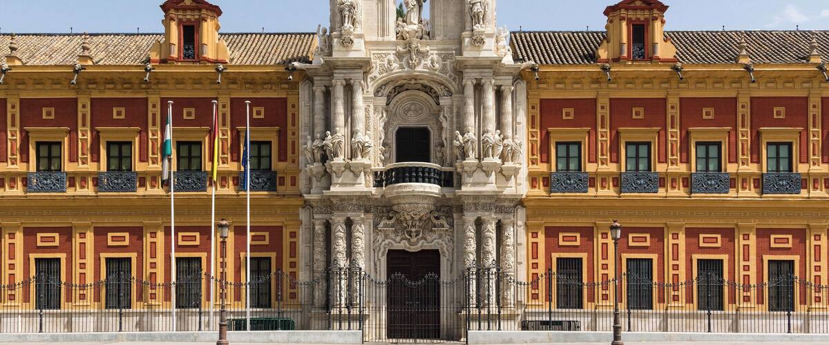 Detail of the main facade of the Palace of San Telmo, nowadays the seat of the presidency of the Andalusian Autonomous Government (Junta de Andalucia), Seville, Spain.