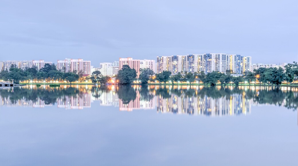 Panorama reflection of new estate HDB housing complex on Jurong Lake neighborhood in Singapore at twilight. Urban concept