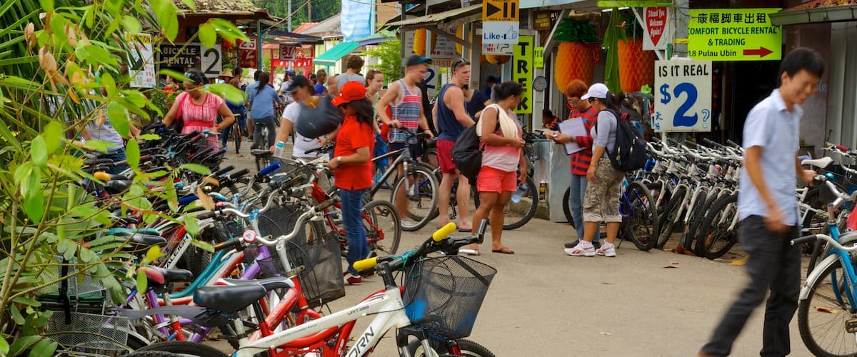 A busy street with numerous bicycles parked and people walking.