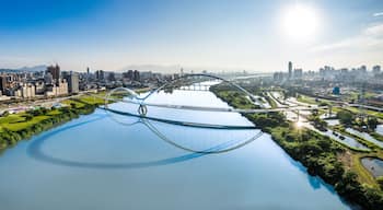 Crescent Bridge - landmark of New Taipei, Taiwan with beautiful illumination at day, aerial photography in New Taipei, Taiwan.