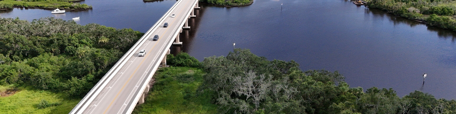 A bridge over a river with surrounding greenery and distant buildings.