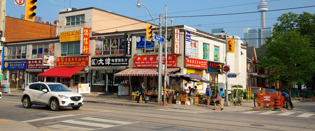 Chinatown showing street scenes and a city