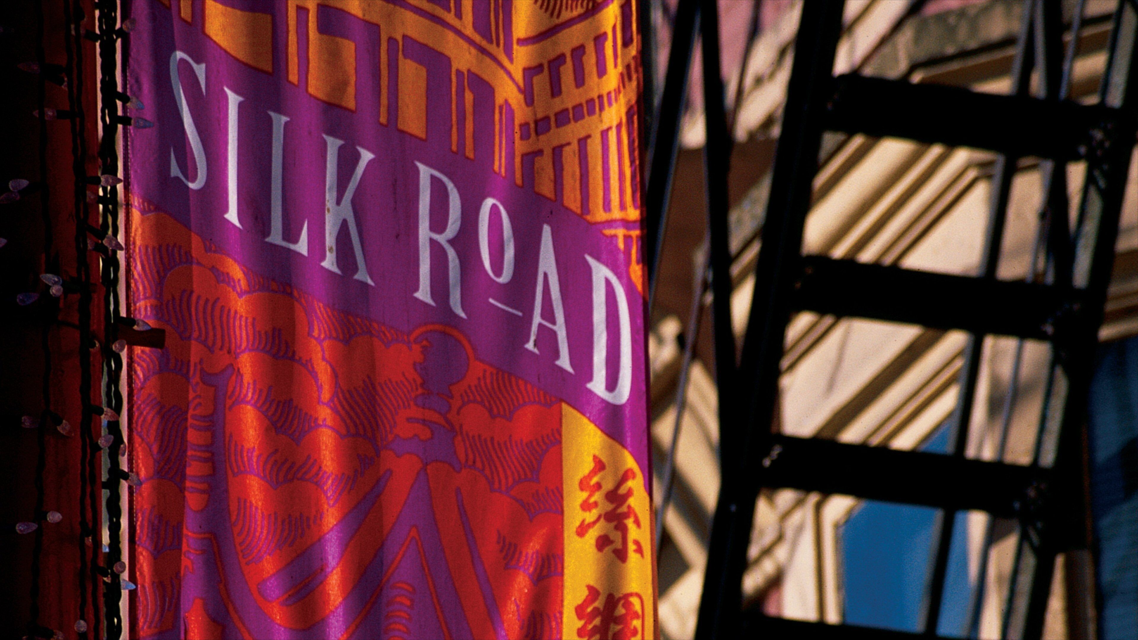 Colorful Silk Road banner in vibrant Chinatown, Vancouver showcasing cultural elements