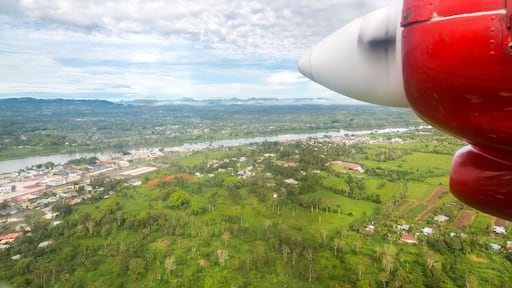 Air travel in Fiji, Melanesia, Oceania. View of Rewa river, Nausori town, Viti Levu island from a window of a small turboprop propeller airplane bound for Vanua Levu, Tuvalu or Levuka, Ovalau island.