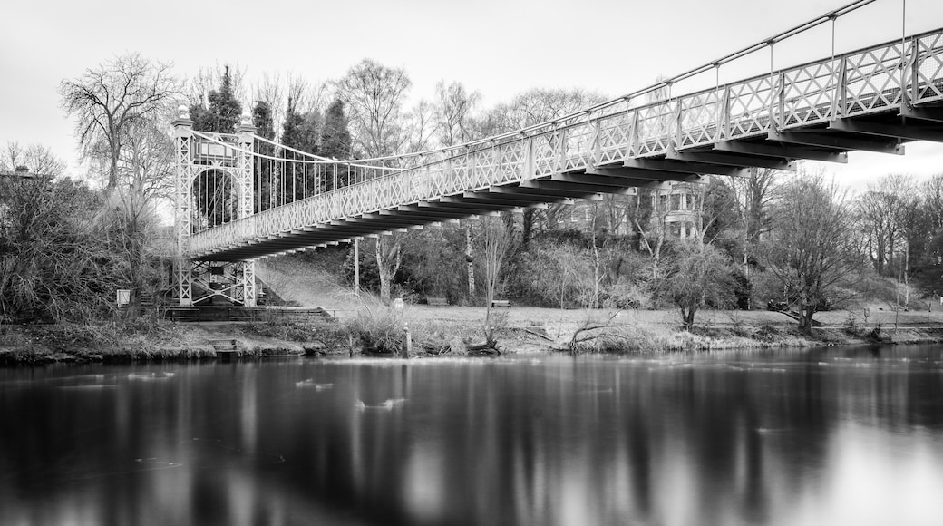 Un puente sobre un río tranquilo con árboles y edificios al fondo.