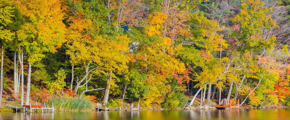 A lake surrounded by autumn-colored trees reflecting on the water.