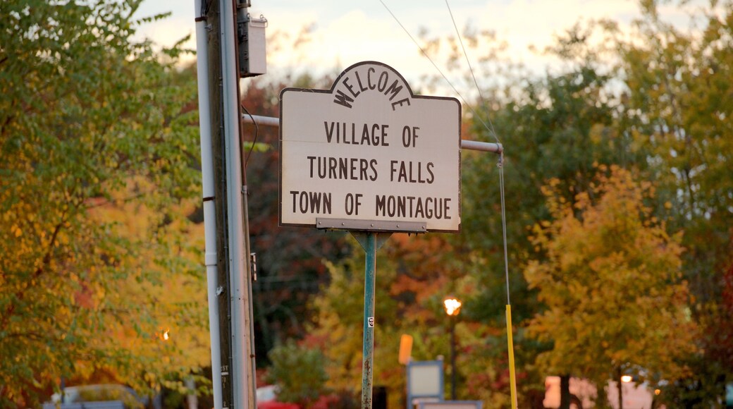 Turners Falls which includes signage and fall colors