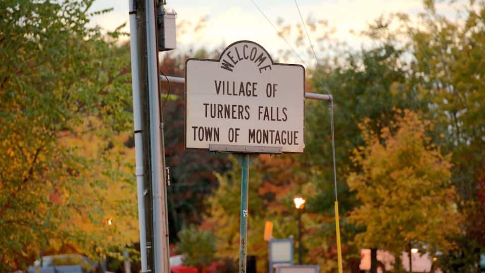 A welcome sign for the Village of Turners Falls, Town of Montague.