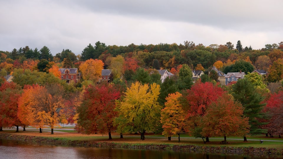 A lake surrounded by autumn-colored trees and houses on a hillside.
